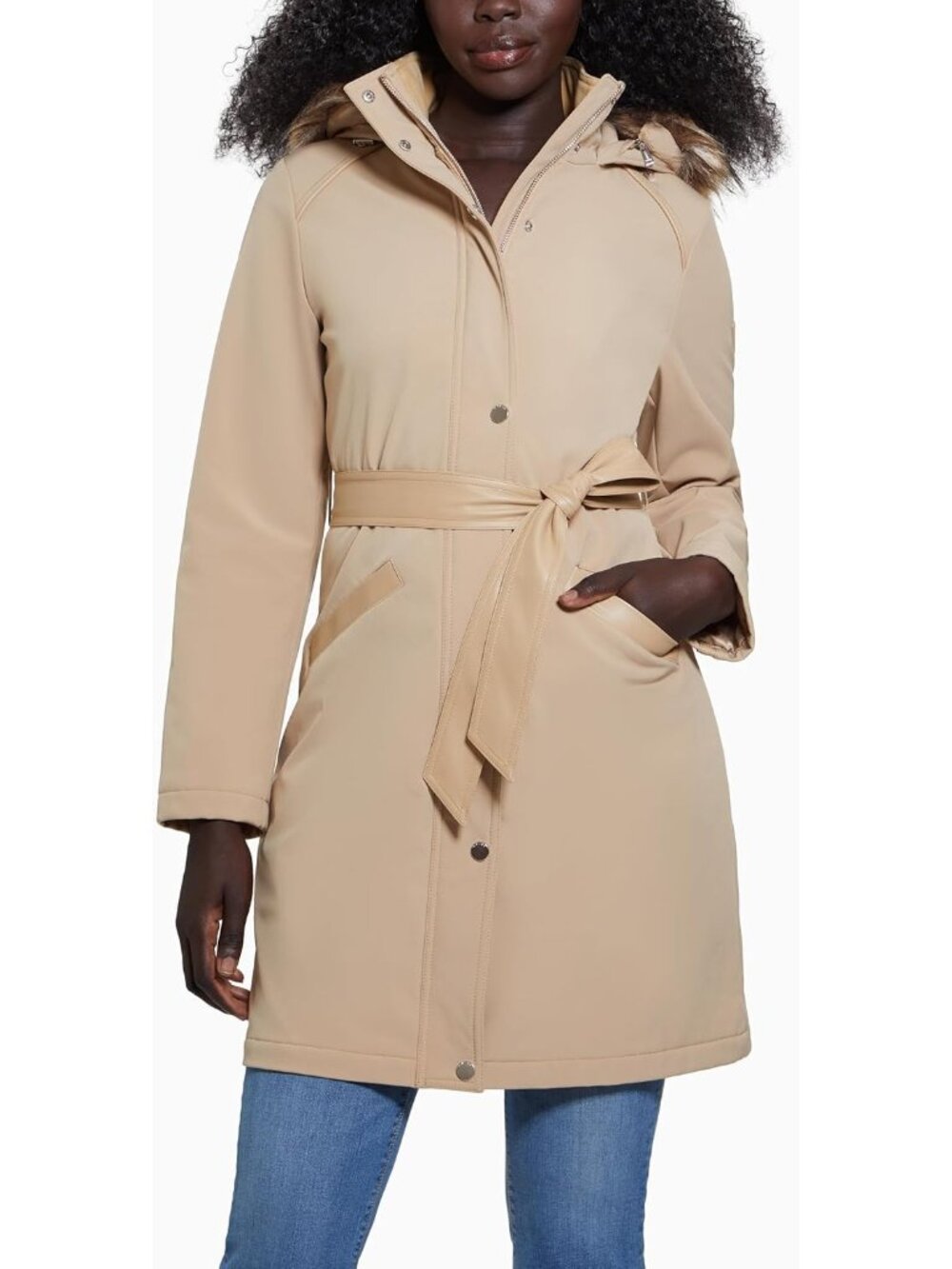 Guess Women's Herb Tan Softshell Hoodie Belt Parka Trench Coat Classic Hoodies